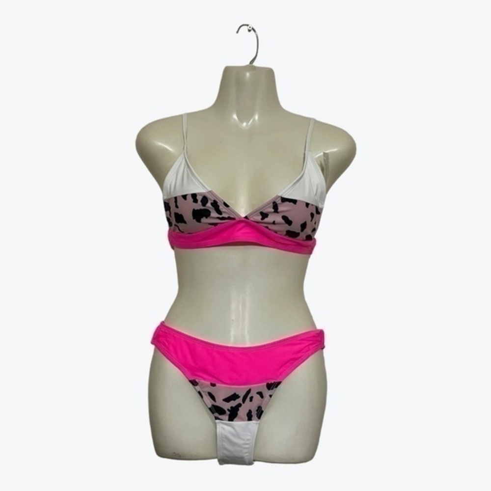 Unbranded Rose Color Block Leopard V Neck Backless 2 Piece Bikini Set Size M